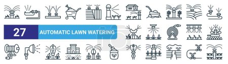 set of 27 outline web automatic lawn watering icons such as water spray, water spray, water spray, lawn mower, vector thin line icons for web design, mobile app.