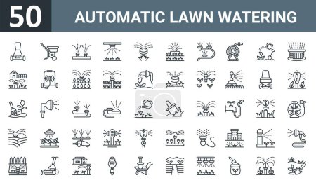 set of 50 outline web automatic lawn watering icons such as lawn mower, lawn mower, water spray, water spray, water spray, vector thin icons for report, presentation, diagram, web design, mobile