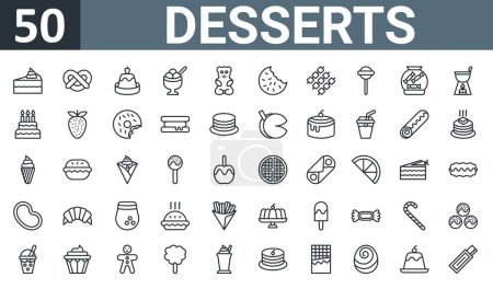 set of 50 outline web desserts icons such as piece of cake, pretzel, custard, sorbet, gummy bear, cookie, marshmallow vector thin icons for report, presentation, diagram, web design, mobile app.