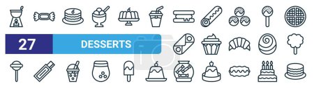 Illustration for Set of 27 outline web desserts icons such as fondue, candy, pudding, roll cake, cupcake, chewing gum, candy jar, strawberry cake vector thin line icons for web design, mobile app. - Royalty Free Image