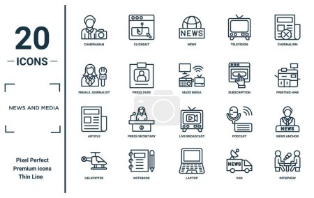 news and media linear icon set. includes thin line cameraman, female journalist, article, helicopter, interview, mass media, news anchor icons for report, presentation, diagram, web design