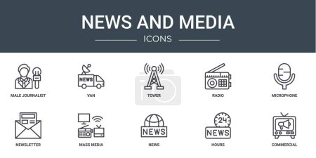 set of 10 outline web news and media icons such as male journalist, van, tower, radio, microphone, newsletter, mass media vector icons for report, presentation, diagram, web design, mobile app
