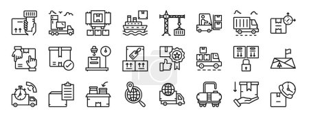 Satz von 24 umrissenen Web-Logistik-Symbolen wie Barcode-Scan, Lieferwagen, Pakete, Frachtschiff, Ladekran, Gabelstapler, Lastwagenvektorsymbole für Bericht, Präsentation, Diagramm, Webdesign,