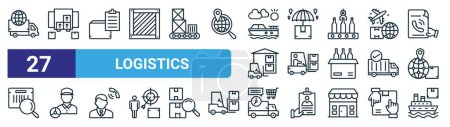 set of 27 outline web logistics icons such as delivery, packages, list, keep dry, forklift, driver, express delivery, cargo ship vector thin line icons for web design, mobile app.