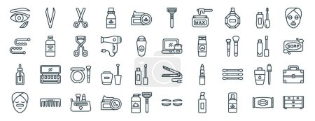 Illustration for Set of 40 outline web cosmetic product icons such as tweezers, bobby pin, serum, pore, lip gloss, face mask, razor icons for report, presentation, diagram, web design, mobile app - Royalty Free Image