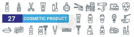 Illustration for Set of 27 outline web cosmetic product icons such as cleanser, serum, scissors, dressing table, powder, soap, razor, concealer vector thin line icons for web design, mobile app. - Royalty Free Image