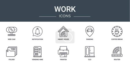 set of 10 outline web work icons such as web cam, notification, smart house, parking, coffee break, folder, vending hine vector icons for report, presentation, diagram, web design, mobile app