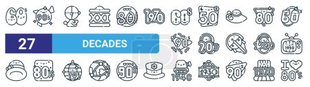 Illustration for Set of 27 outline web decades icons such as s, s, cubism, s, psychedelic, tank, vector thin line icons for web design, mobile app. - Royalty Free Image