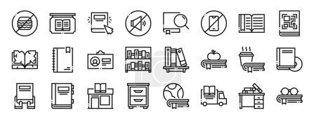 set of 24 outline web library icons such as no eating, , click, no sound, search, no phone, bookmark vector icons for report, presentation, diagram, web design, mobile app