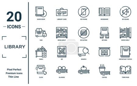 library linear icon set. includes thin line audio book, van, table, click, torn page, no eating, important topics icons for report, presentation, diagram, web design