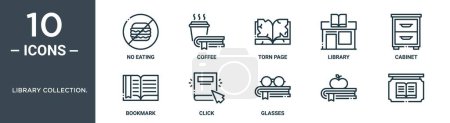 library collection. outline icon set includes thin line no eating, coffee, torn page, library, cabinet, bookmark, click icons for report, presentation, diagram, web design