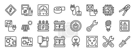 set of 24 outline web electricity icons such as caution, tester, voltage indicator, insulating tape, power cable, wall plug, circuit vector icons for report, presentation, diagram, web design,