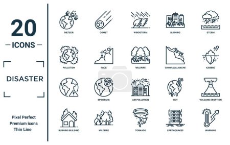 disaster linear icon set. includes thin line meteor, pollution, , burning building, warming, wildfire, volcano eruption icons for report, presentation, diagram, web design