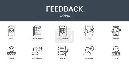 set of 10 outline web feedback icons such as love, qualifications, testimonial, cyber, delete, smaile, customers vector icons for report, presentation, diagram, web design, mobile app