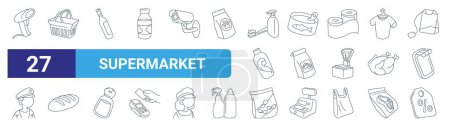 Illustration for Set of 27 outline web supermarket icons such as barcode scanner, shopping basket, wine bottle, canned food, coffee beans, bread, crisps, discount vector thin line icons for web design, mobile app. - Royalty Free Image