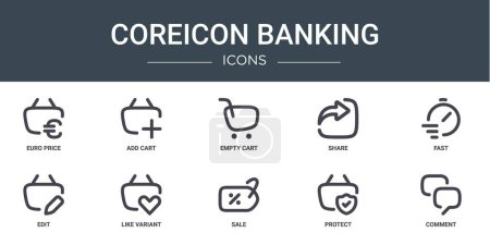 10 umrissene Web-Coreicon-Banking-Symbole wie Europreis, Warenkorb hinzufügen, Warenkorb leeren, teilen, schnell, bearbeiten, wie Variantenvektorsymbole für Bericht, Präsentation, Diagramm, Webdesign, mobile App