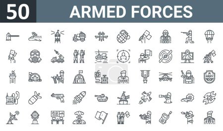 set of 50 outline web armed forces icons such as check point, airplane flag, observation post, military vehicle, airplane flag, grenade, waving flag vector thin icons for report, presentation,
