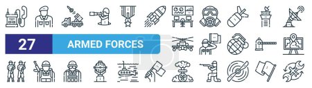 Illustration for Set of 27 outline web armed forces icons such as military radio, soldier, missile, gas mask, soldier saluting flag, infantry, nuclear weapon, aircraft maintenance vector thin line icons for web - Royalty Free Image