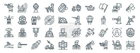 Set von 40 umrissenen Web-Symbolen der Streitkräfte wie Militärradio, Beobachtungsposten, Atomwaffe, Flugzeugfahne, Aufklärung, Fahnenschwenken, Militärfahrzeug-Symbole für Bericht, Präsentation,