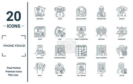 phone fraud linear icon set. includes thin line subpoena, scam, reciever, panic, victim, money laundering, lucky icons for report, presentation, diagram, web design