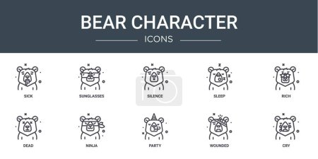 Téléchargez les illustrations : Jeu de 10 icônes de personnage d'ours en ligne tels que malades, lunettes de soleil, silence, sommeil, riches, morts, icônes vectorielles ninja pour rapport, présentation, diagramme, conception web, application mobile - en licence libre de droit