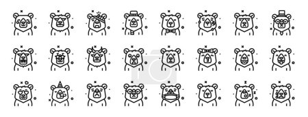 Téléchargez les illustrations : Jeu de 24 icônes de personnage d'ours Web de contour tels que rougir, fou, blessé, hiver, monsieur, blessé, icônes vectorielles en colère pour rapport, présentation, diagramme, conception Web, application mobile - en licence libre de droit