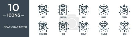 Illustration for Bear character outline icon set includes thin line hurt, winter, sick, sleep, party, wounded, sad icons for report, presentation, diagram, web design - Royalty Free Image