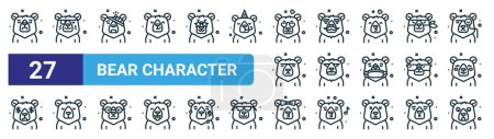 Téléchargez les illustrations : Jeu de 27 contours icônes de personnage d'ours Web tels que triste, pirate, blessé, moustache, fou, sourire, baiser, vecteur choqué lignes fines icônes pour la conception web, application mobile. - en licence libre de droit