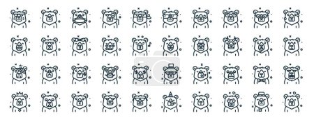 Téléchargez les illustrations : Jeu de 40 icônes de personnage d'ours de toile de contour telles que sourire, rire, blessé, roi, malade, sueur, icônes de lunettes de soleil pour rapport, présentation, diagramme, conception Web, application mobile - en licence libre de droit