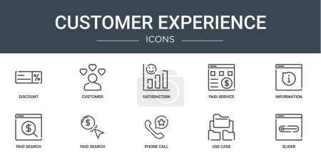 set of 10 outline web customer experience icons such as discount, customer, satisfaction, paid service, information, paid search, paid search vector icons for report, presentation, diagram, web