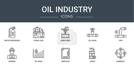 set of 10 outline web oil industry icons such as fire extinguisher, fossil fuel, hand pump, oil valve, pipe, worker, oil price vector icons for report, presentation, diagram, web design, mobile app