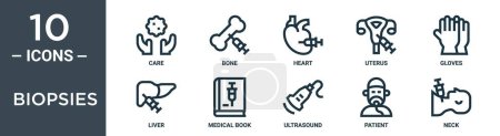 Téléchargez les illustrations : Ensemble d'icônes de contour de biopsies comprend les soins de ligne mince, os, coeur, utérus, gants, foie, icônes de livre médical pour rapport, présentation, diagramme, conception Web - en licence libre de droit