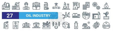 set of 27 outline web oil industry icons such as factory, power plant, worker, gas station, oil truck, contract, warming, helmet vector thin line icons for web design, mobile app.