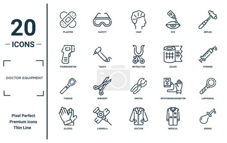 doctor equipment linear icon set. includes thin line plaster, thermometer, tongue, gloves, enema, retractor, laryngeal icons for report, presentation, diagram, web design