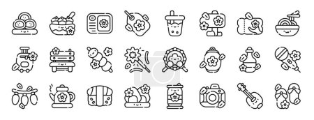 set of 24 outline web sakura festival icons such as mochi, takoyaki, postcard, omamori, bubble tea, hanami, ticket vector icons for report, presentation, diagram, web design, mobile app