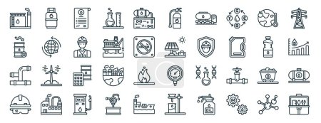 Set von 40 Umrissen Web-Ölindustrie Symbole wie Gas, Krise, Rohr, Helm, Pflanzenöl, Stromleitung, Feuerlöscher Symbole für Bericht, Präsentation, Diagramm, Web-Design, mobile App
