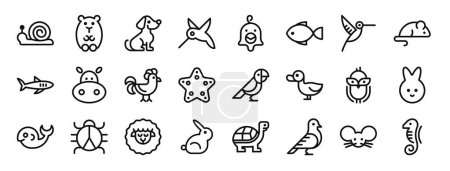 Illustration for Set of 24 outline web animals icons such as snail, guinea pig, dog, bird, chicken, fish, bird vector icons for report, presentation, diagram, web design, mobile app - Royalty Free Image