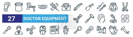 set of 27 outline web doctor equipment icons such as thermometer, face, otoscope, enema, reflex, head, laryngeal, tooth vector thin line icons for web design, mobile app.