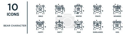 Téléchargez les illustrations : Jeu d'icônes de contour de caractère ours tels que sourire fin, hiver, blessés, fête, lunettes de soleil, baiser, icônes heureuses pour le rapport, présentation, diagramme, conception web - en licence libre de droit