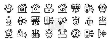 set of 24 outline web domotics icons such as domotics, smart home, home security, battery, sustainable home, clock, smart lock vector icons for report, presentation, diagram, web design, mobile app