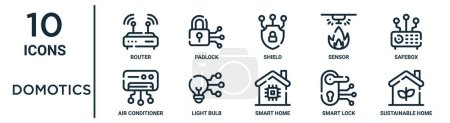 Domotik umreißt Symbolset wie dünne Linie Router, Schild, Safe, Glühbirne, Smart Lock, nachhaltiges Zuhause, Klimaanlage Symbole für Bericht, Präsentation, Diagramm, Webdesign