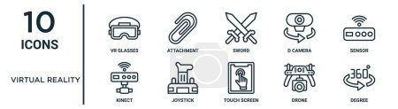 virtual reality outline icon set such as thin line vr glasses, sword, sensor, joystick, drone, degree, kinect icons for report, presentation, diagram, web design
