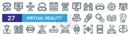 set of 27 outline web virtual reality icons such as console, d modeling, kinect, wired gloves, attachment, cityscape, smart watch, d camera vector thin line icons for web design, mobile app.
