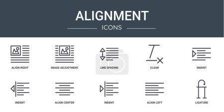 set of 10 outline web alignment icons such as align right, image adjustment, line spacing, clear, indent, indent, align center vector icons for report, presentation, diagram, web design, mobile app