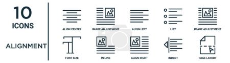 Téléchargez les illustrations : Ensemble d'icônes de contour d'alignement telles que centre d'alignement de ligne mince, alignement à gauche, réglage d'image, en ligne, tiret, mise en page, icônes de taille de police pour rapport, présentation, diagramme, conception Web - en licence libre de droit