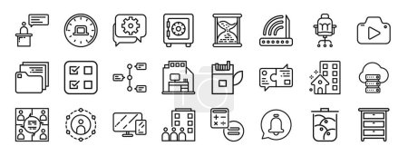 set of 24 outline web work icons such as conference, working hours, discussion, safe box, hourglass, router, chair vector icons for report, presentation, diagram, web design, mobile app
