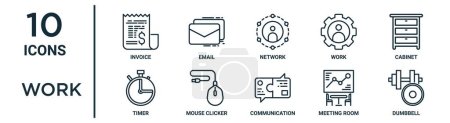 work outline icon set such as thin line invoice, network, cabinet, mouse clicker, meeting room, dumbbell, timer icons for report, presentation, diagram, web design
