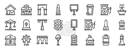 Ilustración de Conjunto de 24 iconos de elementos de la ciudad web esquema como el hogar, escuela, puerta, torre, valla publicitaria, papelera, iconos de vector de la estación de carga para el informe, presentación, diagrama, diseño web, aplicación móvil - Imagen libre de derechos