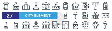 set of 27 outline web city element icons such as trash bin, mosque, medical center, home, street lamp, mailbox, gate, stop vector thin line icons for web design, mobile app.