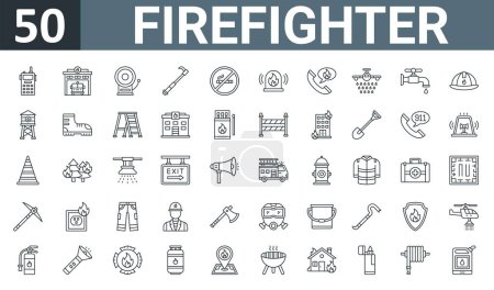 set of 50 outline web firefighter icons such as walkie talkie, garage, bell, hook, no smoking, fire alarm, emergency call vector thin icons for report, presentation, diagram, web design, mobile app.